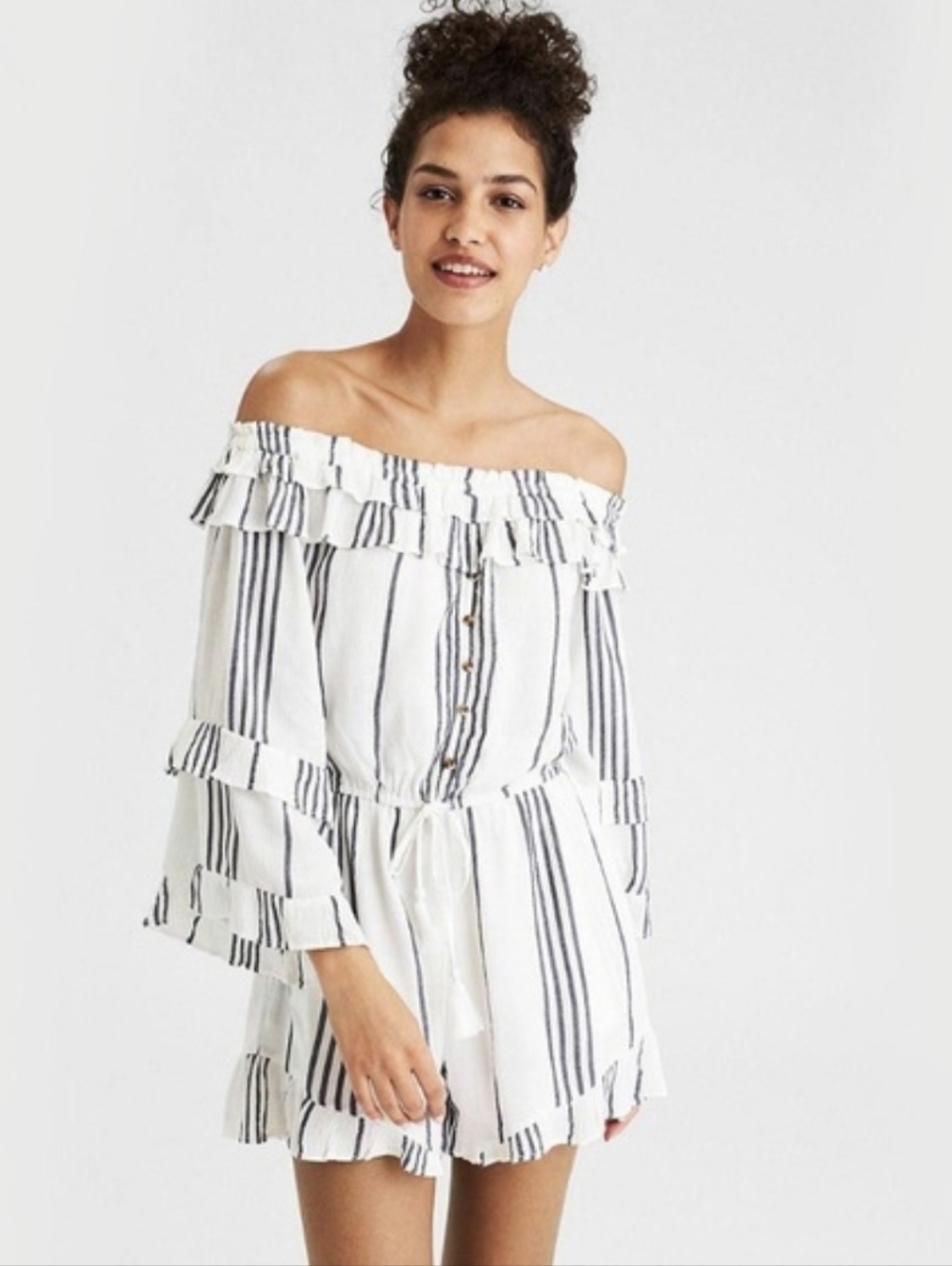 American Eagle Boho Striped Off Shoulder Ruffle Button Romper Womens Size S